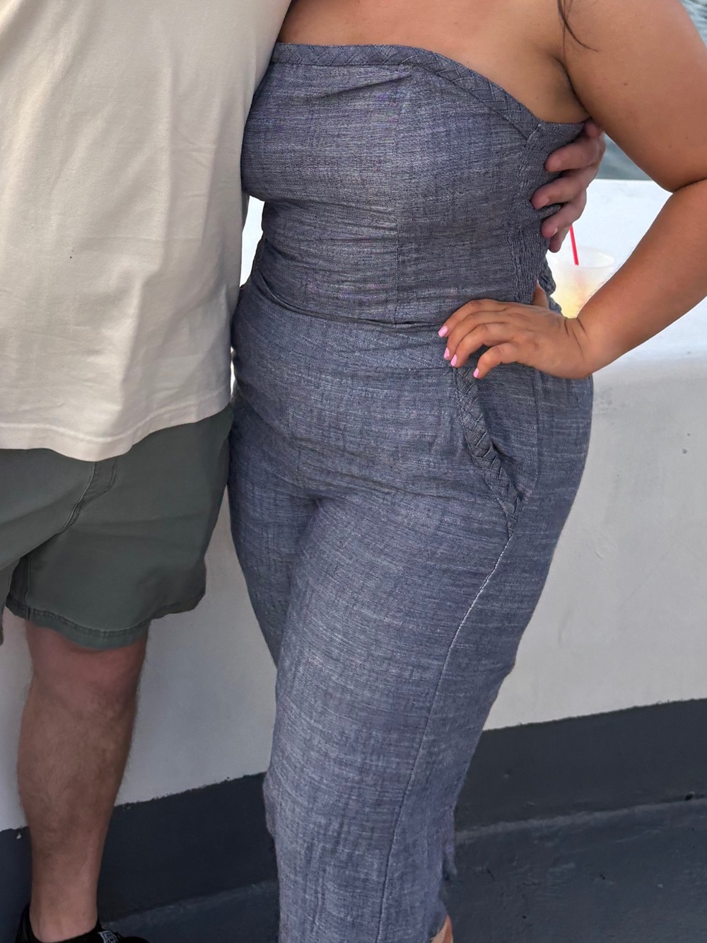 Marshalls Strapless Chambray-Style Jumpsuit in Blue Gray